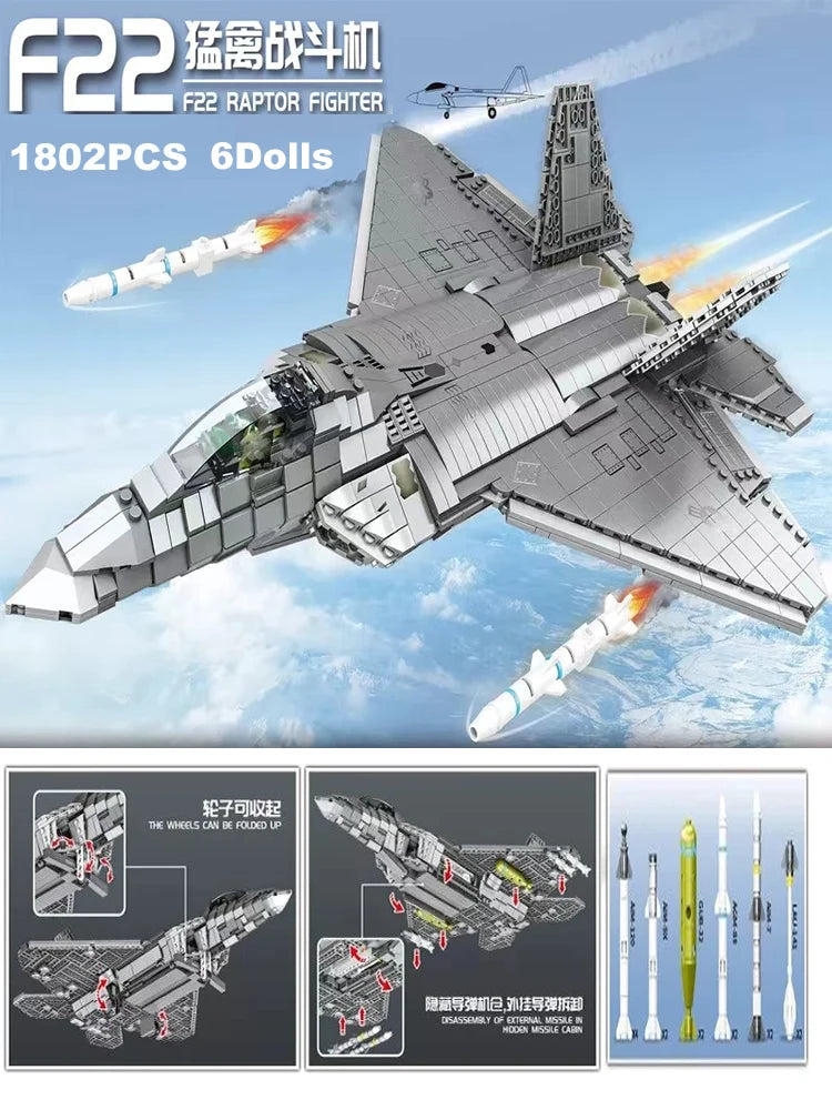 1802PCS Military WW2 F22 Raptor Fighter Model Building Blocks Army Bricks Toys