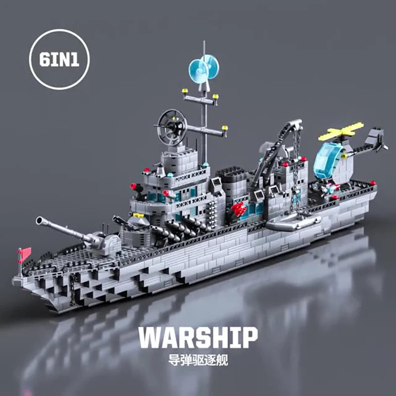 1560pcs 6 IN 1 Military Navy Ship Building Blocks Brick Army Warship Toys