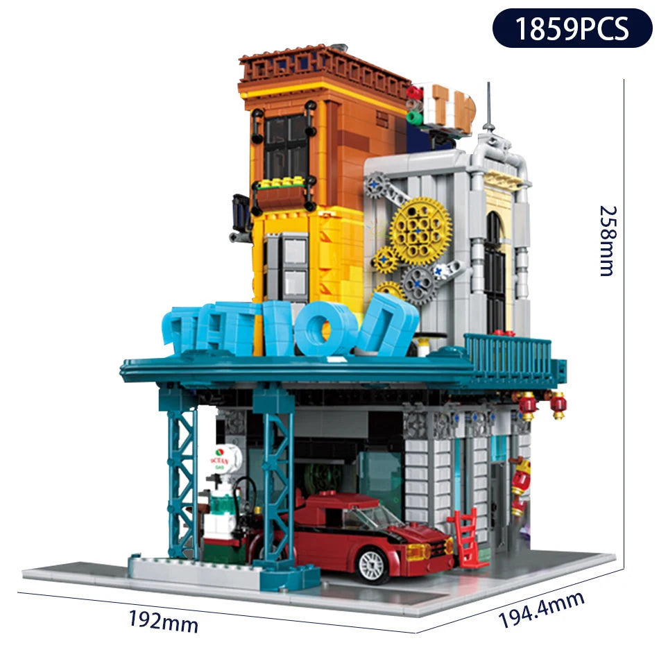 1859PCS City Car Repair Shop Architecture Building Blocks Street View Bricks Toy