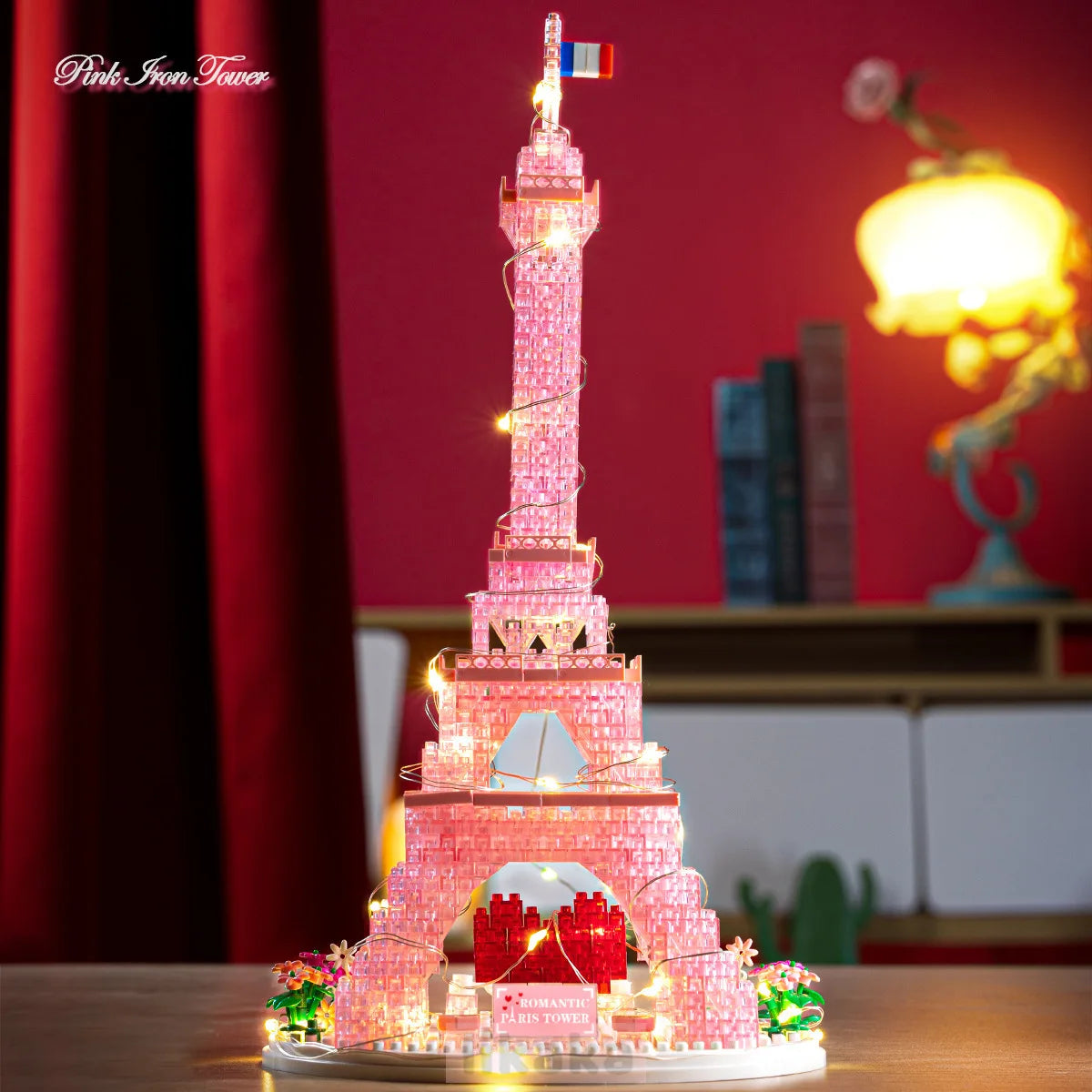 1314pcPink Paris Eiffel Tower Model Architecture Building Blocks with Light Toys