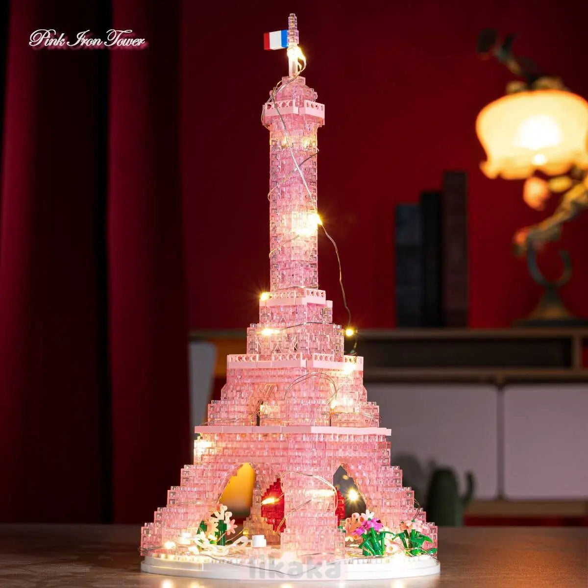 1314pcPink Paris Eiffel Tower Model Architecture Building Blocks with Light Toys