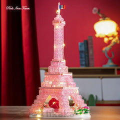 1314pcPink Paris Eiffel Tower Model Architecture Building Blocks with Light Toys