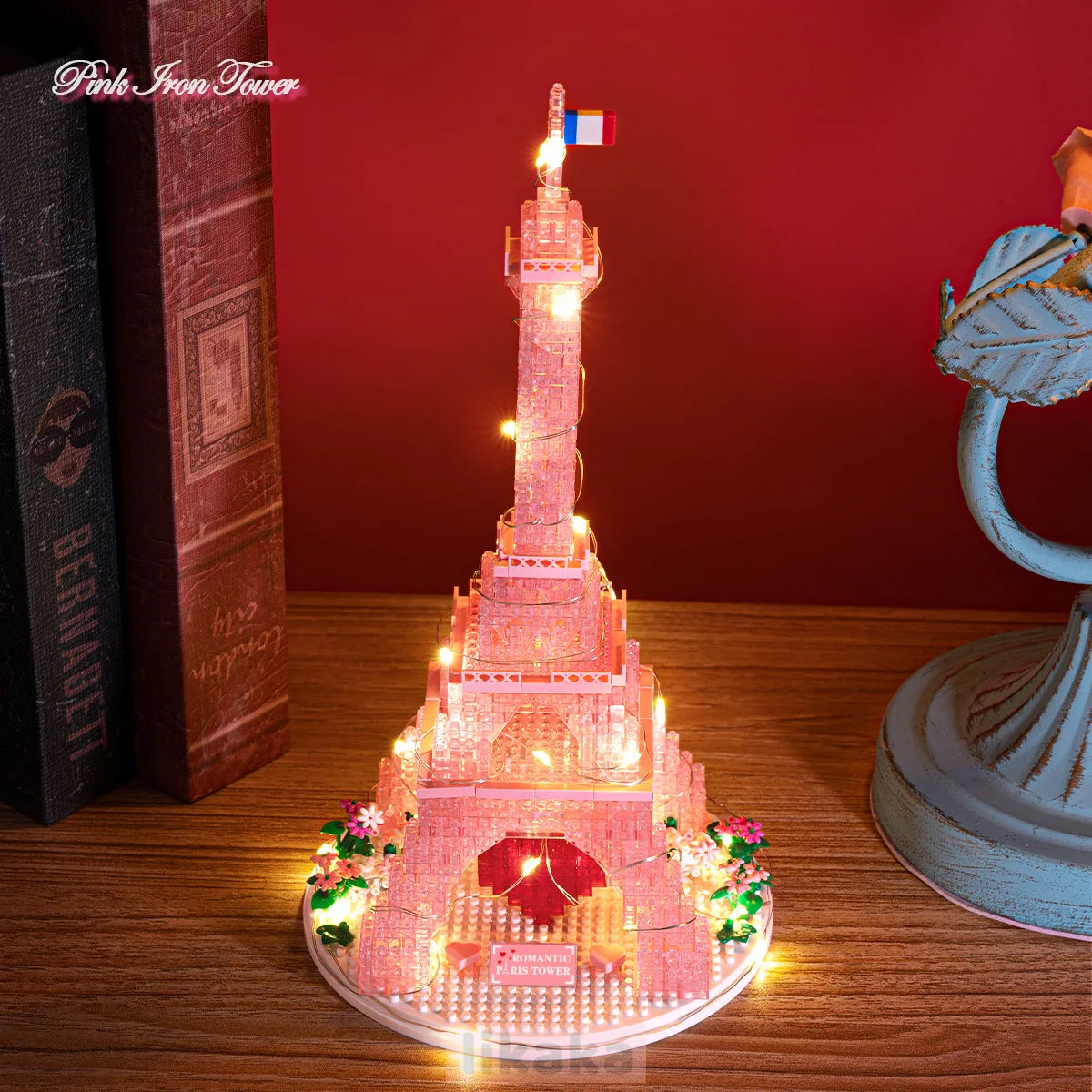 1314pcPink Paris Eiffel Tower Model Architecture Building Blocks with Light Toys