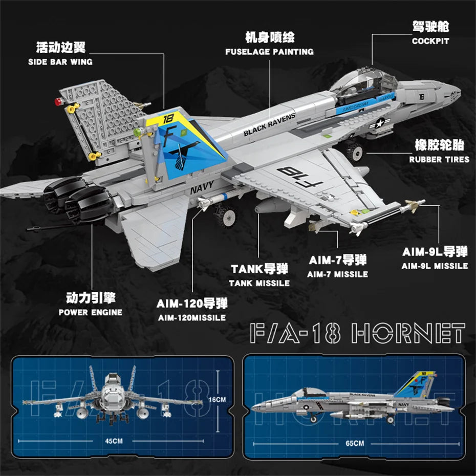 1713pcs Fighter Jet Building Blocks Military F/A-18 Hornet Airplane Bricks Toys